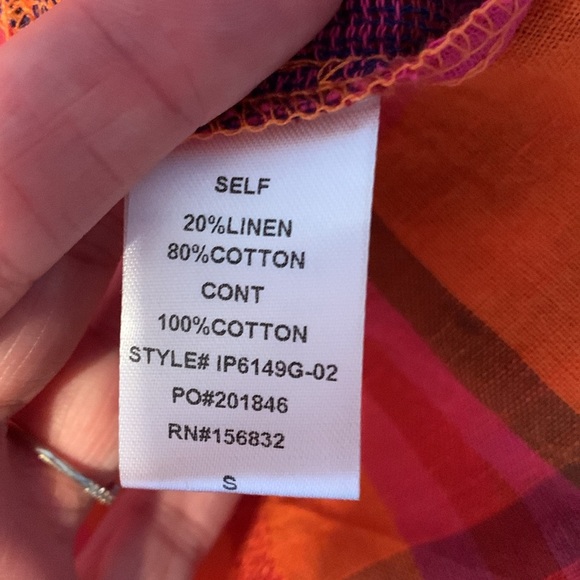 BiBi Vibrant Plaid button down double chest pockets S orange pink linen cotton S - Picture 4 of 7